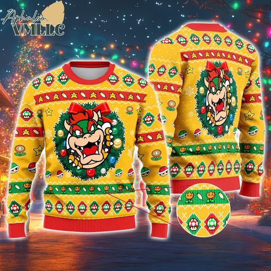 Mario Bowser Ugly Christmas Sweater, Super Mario Bowser Christmas Sweatshirt, Mario Bros Ugly Xmas Sweater, Christmas Holiday Sweater