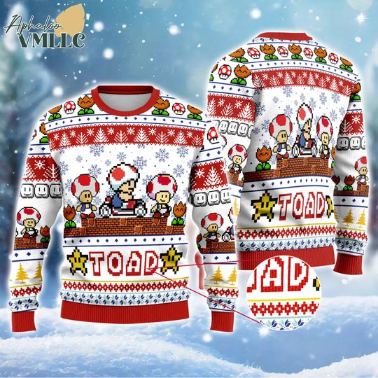 Toad Mario Ugly Christmas Sweater, Super Mario Toad Sweatshirt, Mario Gaming Christmas Gift, Gift for Him