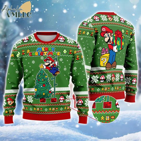 Super Mario Merry Christmas Sweatshirt, Mario Christmas Tree Ugly Sweater, Mario Bros Xmas Shirt, Gift for Gamers