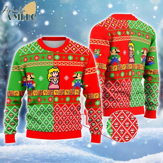 Super Mario Ugly Christmas Sweater | Mario Princess Peach Video Game Sweatshirt | Super Mario Christmas Sweater | Mario Christmas Sweatshirt