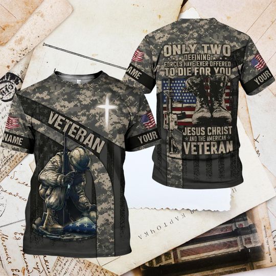 Discover Personalized Christian Veteran Camo T-Shirt: American Flag Cross