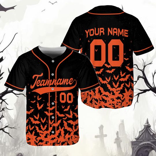 Discover Custom Bat Halloween Baseball Jersey, Personalized Name & Number Halloween Jersey, Spooky Bat Print Team Shirt, Trick or Treat Jersey
