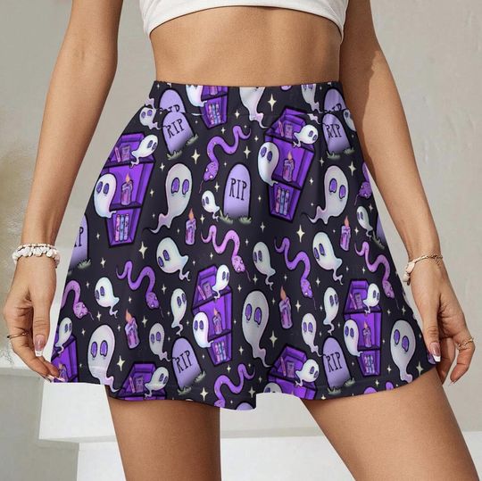 Discover Pocket Coffin Ghosts Skater Skirt: Gothic Spooky Halloween Skirt Goth Witchy Clothing