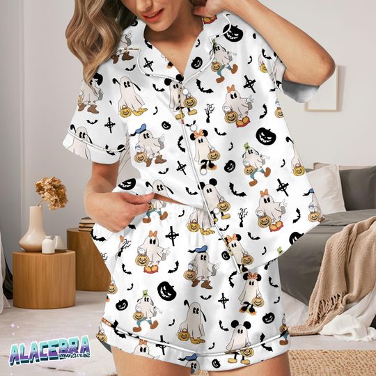 Discover Halloween Ghost Pajamas Set for Women  Cute Cartoon Pumpkin Short Sleeve Sleepwear