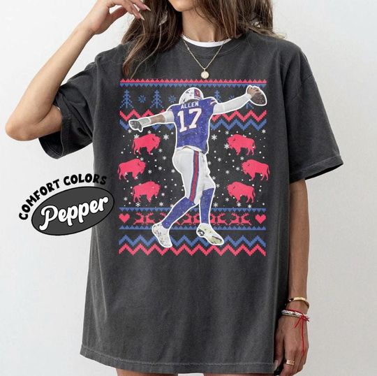 Josh Allen In The Snow Unisex Comfort Colors T-Shirt, Buffalo Football Ugly Christmas Pattern Tee