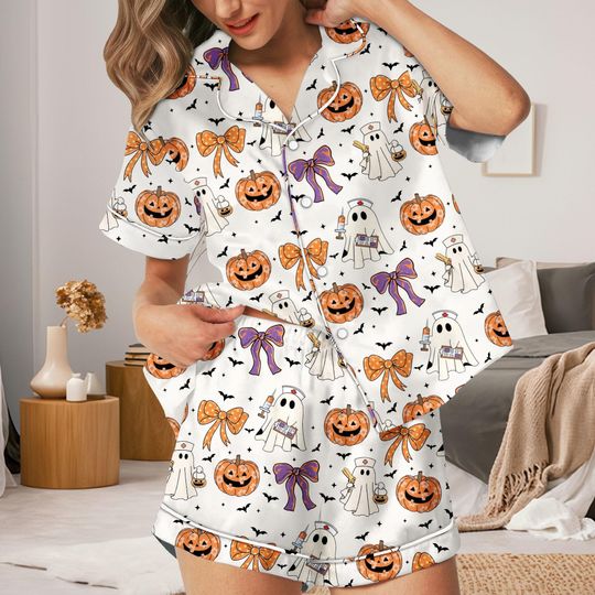 Discover Halloween Ghost Pajamas Set, Pumpkin & Bow Print Long Sleeve PJs, Cute Spooky Sleepwear