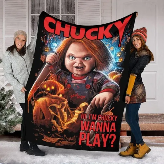 Horror Chucky Bloody Knife Halloween Pumpkin Fleece Blanket