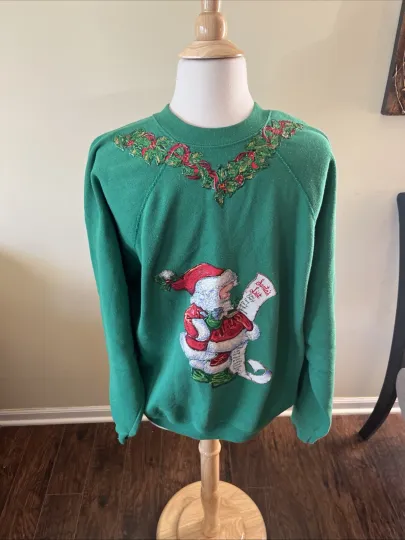 Vintage Hand Painted Ugly Christmas Sweatshirt Santa Claus Size X-Large