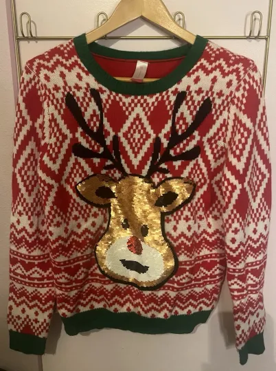 Rudolph Christmas Sweater Size 11-13 Women's Sequin Design Red/white/green