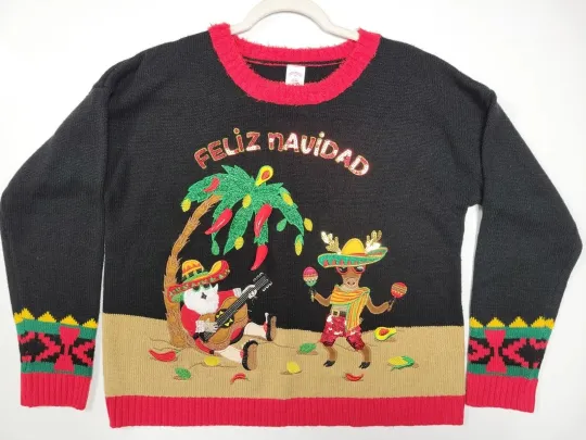 Discover Feliz Havidad Santa & Donkey Pullover Women's Ugly Christmas Sweater Size L CUTE