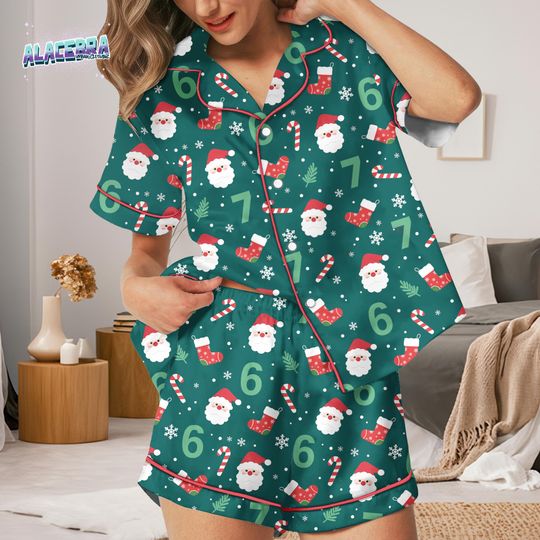 Discover Christmas Pajama Set for Women, Santa Print Satin Sleepwear
