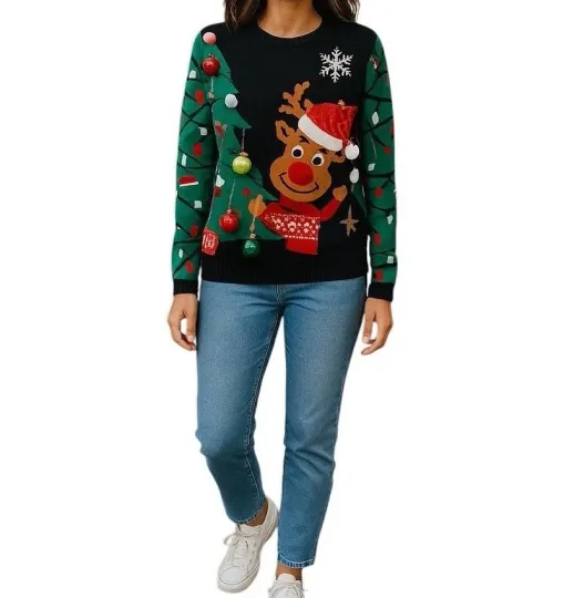 Discover No Boundaries Ugly Christmas Rudolph Reindeer Sweater Ball Ornaments Women Sz M