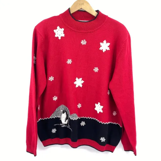 Discover VTG Alfred Dunner Ugly Christmas sweater size XL penguins red snowflake