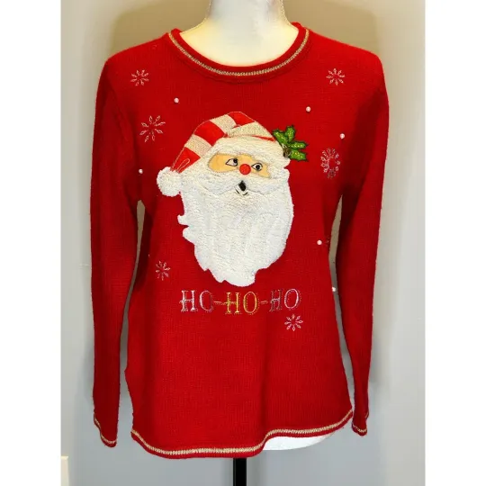 Discover Christmas sweater Santa pearls, embroidery, bell gold metallic stripe trim Sz S