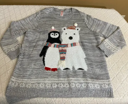 Ugly Sweater Polar Bear Penguin Hanging Scarf Fur Trim Women’s Size 3X