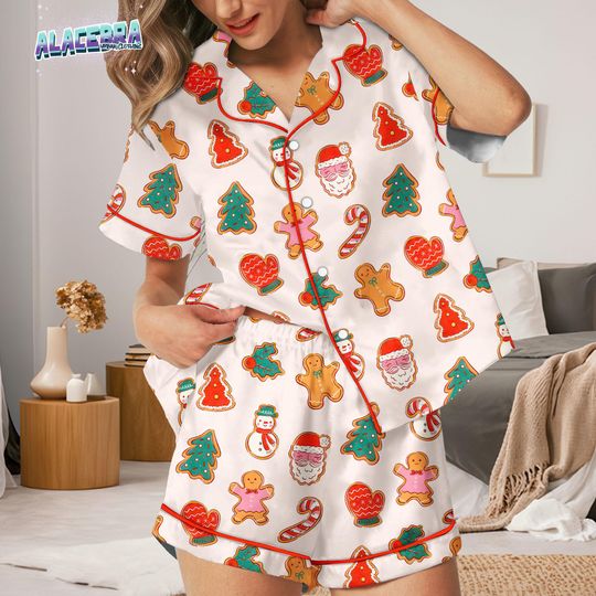 Christmas Cookie Pajama Set Women | Festive Sleepwear with Santa & Gingerbread