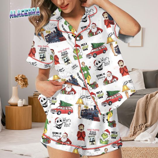Discover Christmas Movie Characters Pajama Set, Funny Holiday Print Sleepwear, funny character Elf Jack Santa Nightwear, Xmas Lounge Set Women