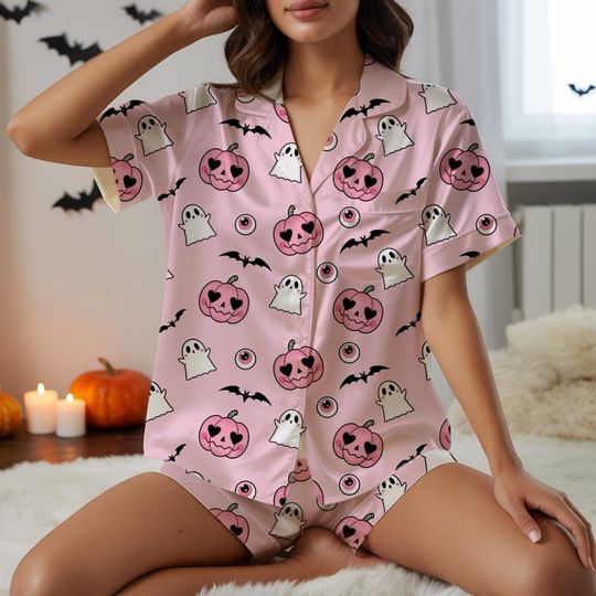 Discover Halloween Season Pajamas Set, Pink Cozy Spooky Matching Pajamas Set, Fall Season Boo Ghost Pajamas Women, Cute Pumpkin Witch Pjs For Her