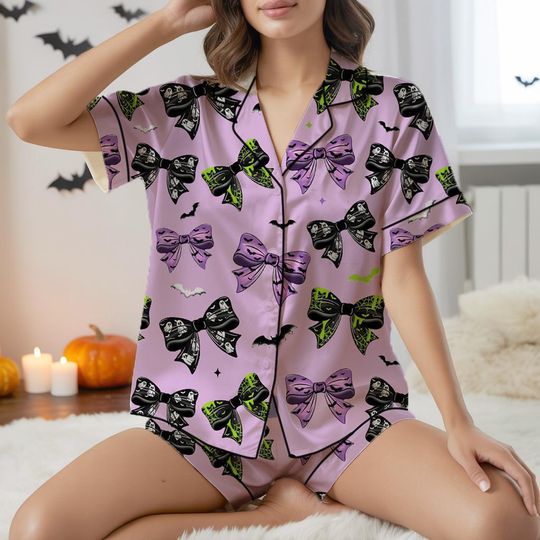 Discover Halloween Coquette Satin Pajama Set, Halloween Coquette Pajama, Scary Pajamas Spiders Black Bows Gothic Halloween Pajama,Halloween Sleepwear
