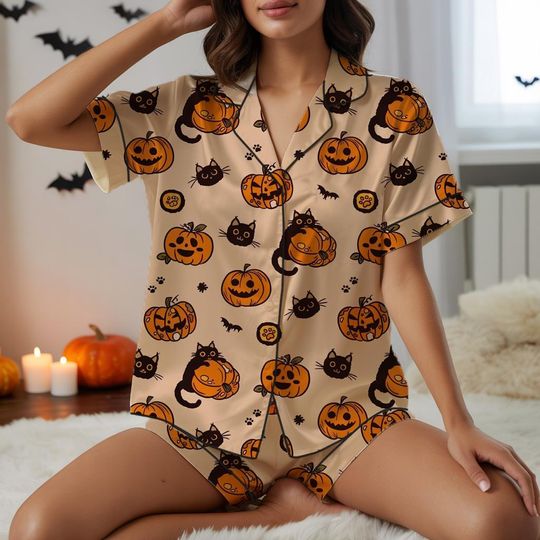 Discover Cute Halloween Pajama Set with Black Cat and Pumpkin, Spooky Fall Loungewear, Holiday Themed Matching PJs, Cozy Season Pajamas,Halloween Pjs