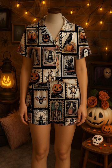 Discover Spooky Halloween Pajama Set with Vintage Postage Stamp, Ghost Pumpkin Skeleton and Bat Pattern Pajama Set, Spooky Season Pajama Set