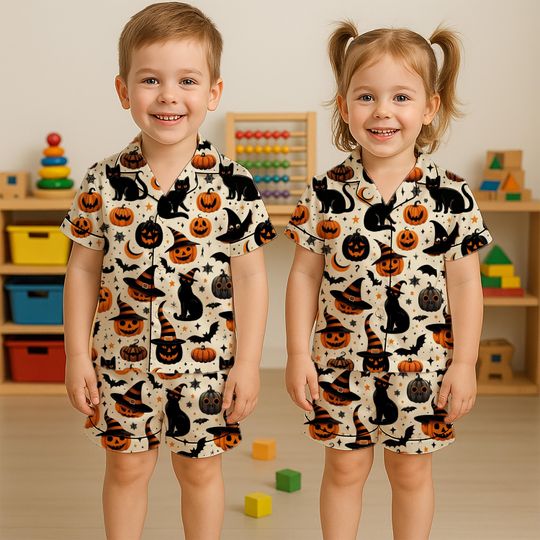 Discover Halloween Pajama Set For Kids, Cute Ghost Pumpkin Bat Spider Web Sleepwear, Spooky Fall Loungewear,Holiday Themed Matching PJs For Kids