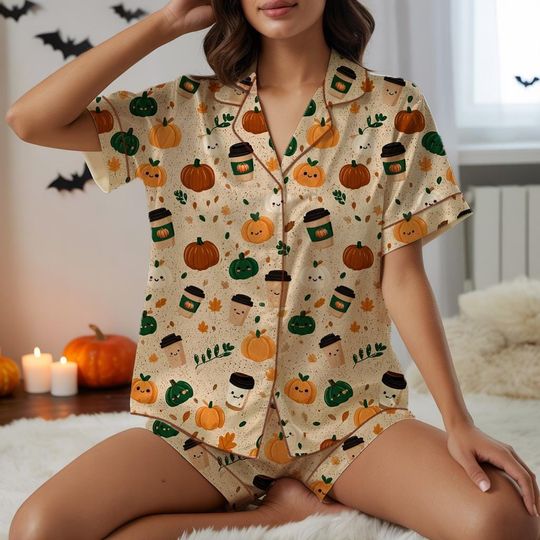 Discover Cute Halloween Pumpkin Spice latte Pajamas, Fall Themed Sleepwear Set