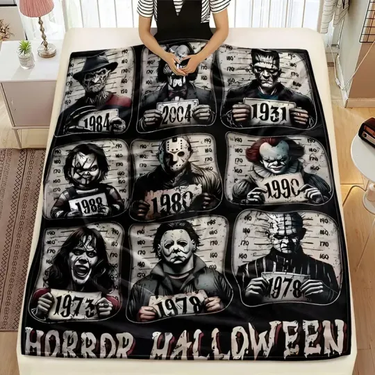 Discover Horror Icons Flannel Fleece Throw Blanket All-Season, Preppy Style Digital Print