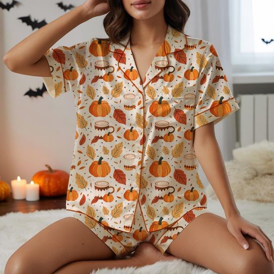 Discover Cozy Fall Aesthetic Satin Pajamas, Cozy Season Pajamas Set, Autumn Pajamas