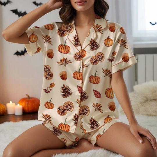 Discover Autumn Pumpkin and Pinecone Satin Pajama Set for Women, Cozy Silky Loungewear