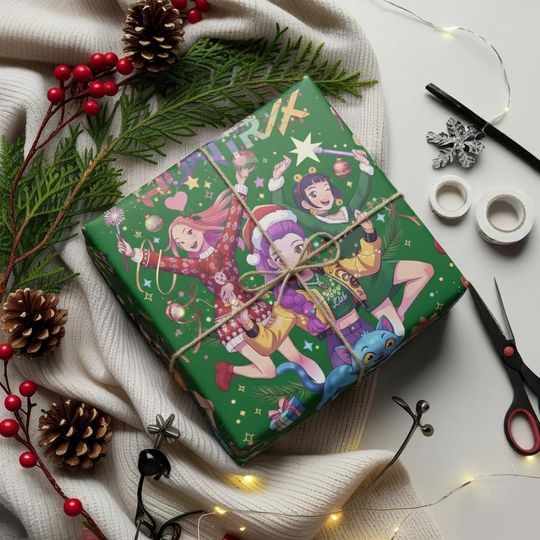 Discover Huntrix Christmas Wrapping Paper Green Edition, Kpop Demon Hunters Holiday Gift Wrap, Festive Anime Wrapping Sheets,Character Xmas Gift Wrap