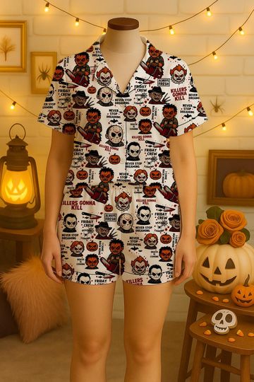 Discover Horror Halloween Character Pajama Set, Halloween Pajama Satin Set