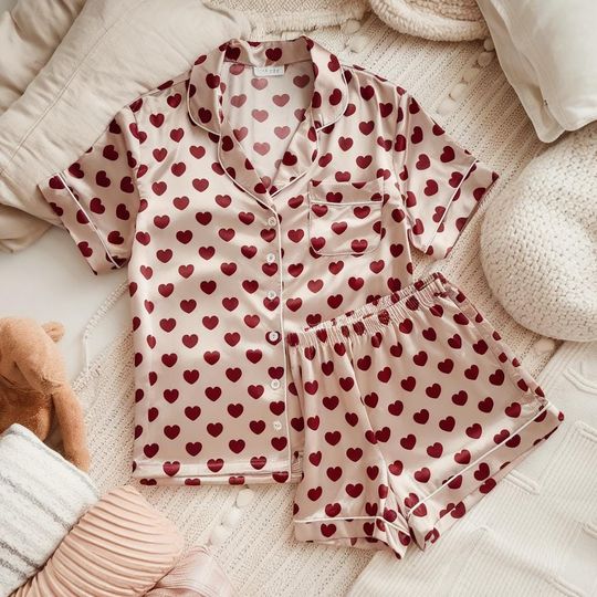 Discover Heart Coquette Satin Pajamas Set, Bridesmaid Pajamas, Bachelorette Pajamas
