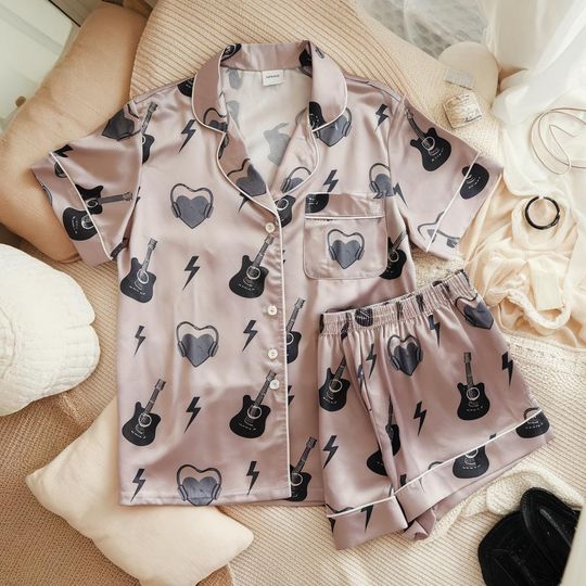 Discover Rock On Rockstar Music Guitar Satin Pajamas Set, Rock Music Lover Pajamas