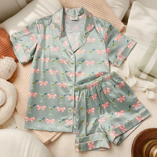 Discover Dirty Martini Pink Bow Coquette Satin Pajamas Set, Bridesmaid Pajamas