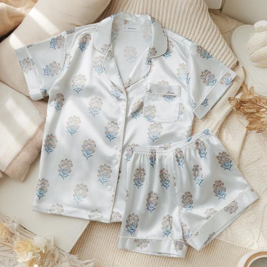 Discover Hand Block Print Satin Pajamas Set, Floral Pattern Pajama, Bridesmaid Pajama