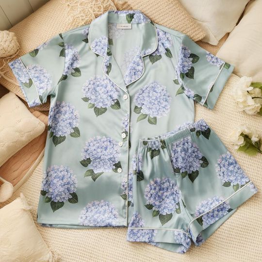 Discover Hydrangea Floral Bridesmaid Satin Pajamas Set, Bridesmaid Pajamas