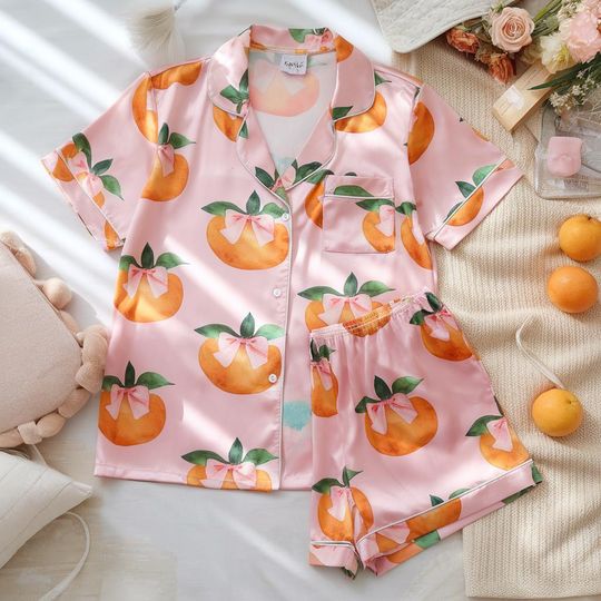 Coquette Bow Orange Fruit Pajamas Set, Bridesmaid Pajamas