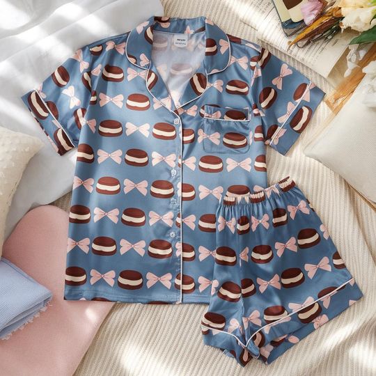 Discover Chocolate Pink Bow Coquette Satin Pajamas Set, Bridesmaid Pajamas