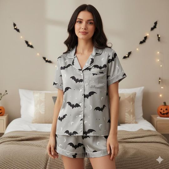 Discover Bats Satin Pajamas Set, Halloween Pajamas, Goth Pajama, Mystical Pajamas