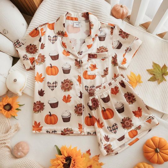 Discover Cozy Fall Aesthetic Satin Pajamas,  Pumpkin Latte Fall Pjs, Cozy Season Pjs