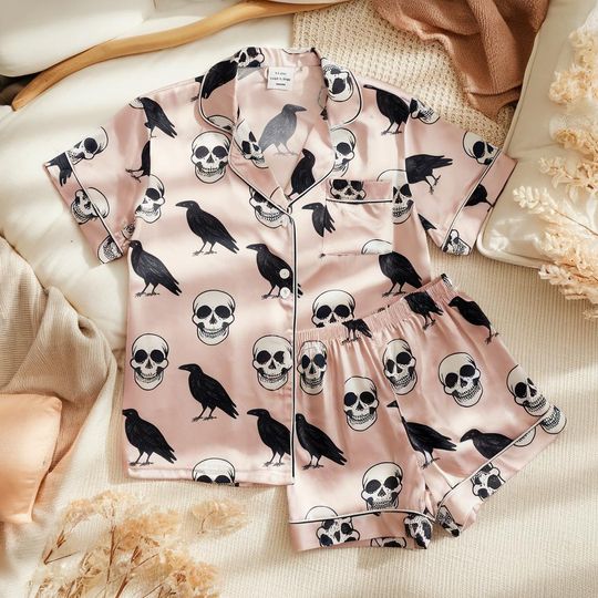 Discover Black Crows and Skull Satin Pajamas Set, Halloween Pajamas Set, Black Crows Pajamas