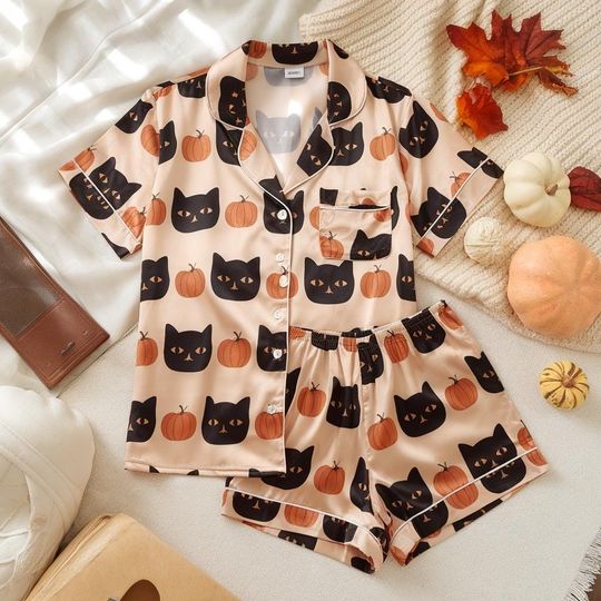 Discover Pumpkins Cats Satin Pajamas Set, Halloween Pajamas Set, Pumpkins Pajamas