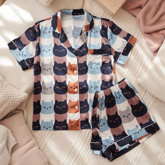 Discover Autumn Cats Face Satin Pajamas, Halloween Pajamas Set, Cat Pajamas, Fall Cats Pajamas