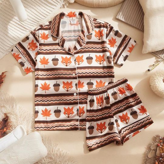 Discover Fox, Maple Leaves and Acorns Satin Pajamas,  Cozy Fall Aesthetic Pajamas, Cozy Season Pjs