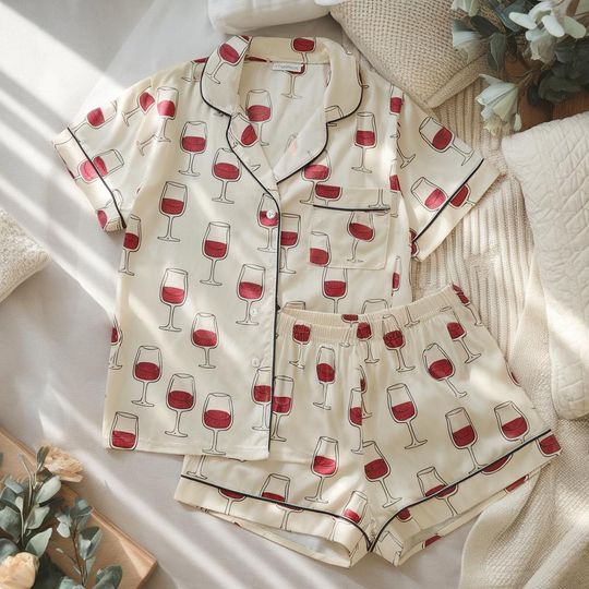 Discover Champagne Satin Pajamas Set, Wine Themed Pajamas, Martini Pajama, Funny Alcohol Pajamas