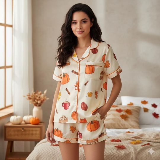 Discover Cozy Fall Aesthetic Satin Pajamas, Halloween Pjs, Cozy Season Pjs, Autumn Pajamas