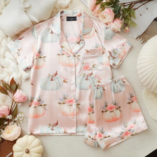 Discover Cozy Fall Aesthetic Satin Pajamas, Pumpkin Patch Pajamas, Coquette Pumpkin Pajamas