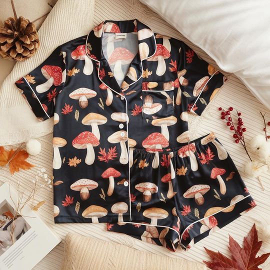 Discover Colorful Mushroom Satin Pajamas Set, Halloween Pajamas Set, Fall Autumn Pajamas