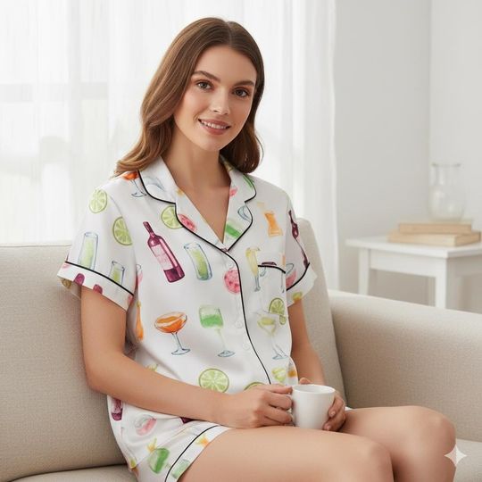 Discover Cocktail Satin Pajamas Set, Margarita Pajamas, Summer Pajamas, Funny Alcohol Pajamas
